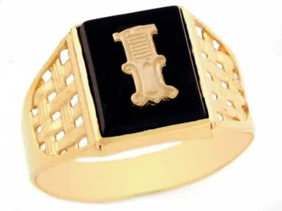 Pre-owned Jackani 10k Or 14k Yellow Gold Bold Black Onyx Mens Basket Weave Initial Letter I Ring