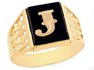 Pre-owned Jackani 10k Or 14k Yellow Gold Bold Black Onyx Mens Basket Weave Initial Letter J Ring