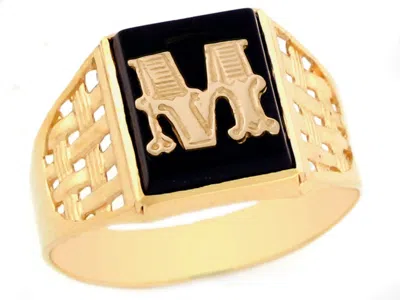 Pre-owned Jackani 10k Or 14k Yellow Gold Bold Black Onyx Mens Basket Weave Initial Letter M Ring