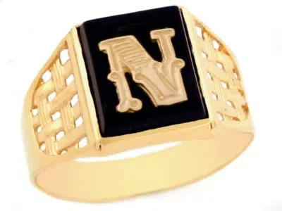 Pre-owned Jackani 10k Or 14k Yellow Gold Bold Black Onyx Mens Basket Weave Initial Letter N Ring