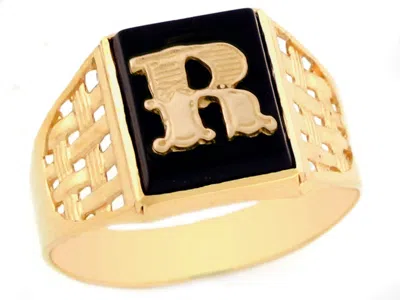 Pre-owned Jackani 10k Or 14k Yellow Gold Bold Black Onyx Mens Basket Weave Initial Letter R Ring