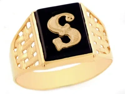 Pre-owned Jackani 10k Or 14k Yellow Gold Bold Black Onyx Mens Basket Weave Initial Letter S Ring