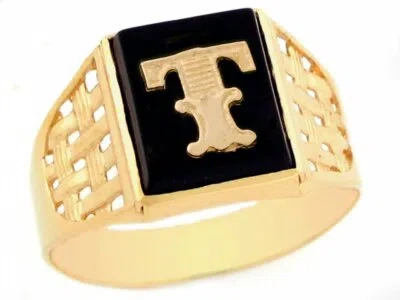 Pre-owned Jackani 10k Or 14k Yellow Gold Bold Black Onyx Mens Basket Weave Initial Letter T Ring