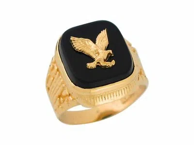 Pre-owned Jackani 10k Or 14k Yellow Gold Bold Black Onyx Mens Patriotic Eagle Wide Classy Ring