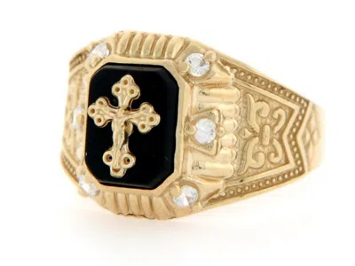 Pre-owned Jackani 10k Or 14k Yellow Gold Crucifix Onyx Cz Religious Mens Ring In Black