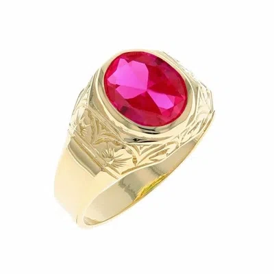 Pre-owned Jackani 10k Or 14k Yellow Gold Majestic Simulated July Birth Month Mens Design Ring In Red