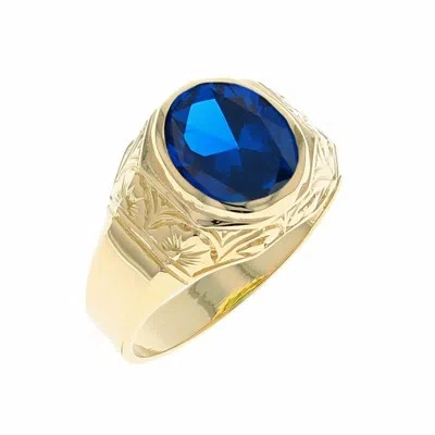 Pre-owned Jackani 10k Or 14k Yellow Gold Majestic Simulated September Birth Month Mens Design Ring In Blue