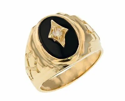 Pre-owned Jackani 10k Or 14k Yellow Gold Mens Diamond Shape On Oval Onyx Bezel Set Heavy Ring In Black