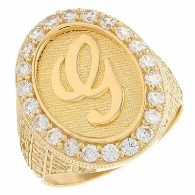 Pre-owned Jackani 10k Or 14k Yellow Gold Mens Oval Halo White Cz Initial Letter Ring