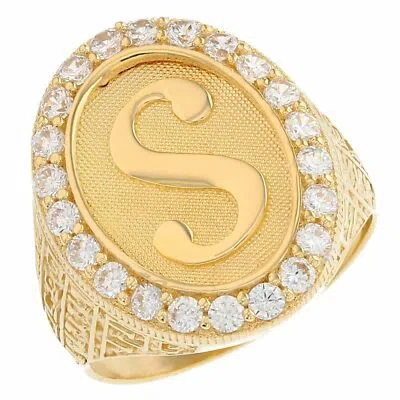 Pre-owned Jackani 10k Or 14k Yellow Gold Mens Oval Halo White Cz Initial Letter S Ring