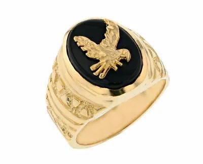 Pre-owned Jackani 10k Or 14k Yellow Gold Mens Patriotic Eagle On Onyx Heavy Filigree Ring In Black