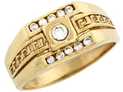 Pre-owned Jackani 10k Or 14k Yellow Gold Mens Rectangle Ring With Round Cz And Greek Key Design In White