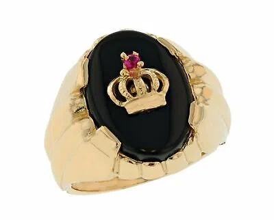 Pre-owned Jackani 10k Or 14k Yellow Gold Mens Regal Crown On Onyx Unique Setting Heavy Ring In Black