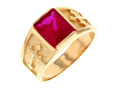 Pre-owned Jackani 10k Or 14k Yellow Gold Mens Religious Budded Cross January Birth Ring In Red