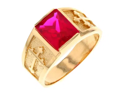 Pre-owned Jackani 10k Or 14k Yellow Gold Mens Religious Budded Cross July Birth Ring In Red