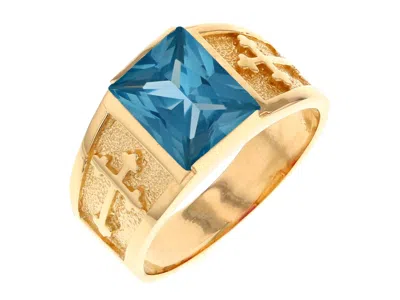 Pre-owned Jackani 10k Or 14k Yellow Gold Mens Religious Budded Cross March Birth Ring In Aqua