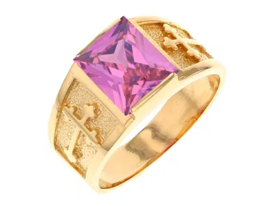 Pre-owned Jackani 10k Or 14k Yellow Gold Mens Religious Budded Cross October Birth Ring In Pink