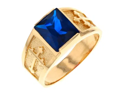 Pre-owned Jackani 10k Or 14k Yellow Gold Mens Religious Budded Cross September Birth Ring In Blue
