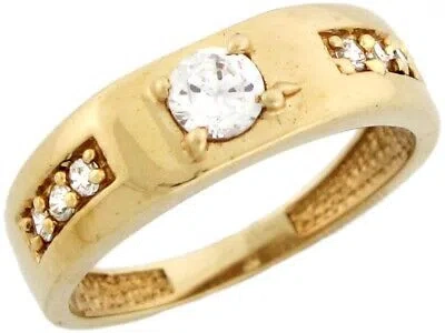 Pre-owned Jackani 10k Or 14k Yellow Gold Mens Round Cut Cz Ring With Pave Set Accent On Sides In White