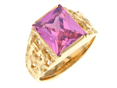 Pre-owned Jackani 10k Or 14k Yellow Gold Mens Rugged Design October Simulated Tourmaline Ring In Pink