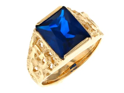 Pre-owned Jackani 10k Or 14k Yellow Gold Mens Rugged Design September Simulated Sapphire Ring In Blue