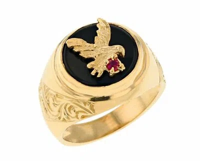 Pre-owned Jackani 10k Or 14k Yellow Gold Mens Stunning Eagle On Onyx Heavy Filigree Ring In Black