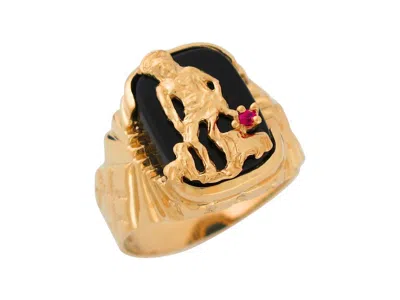 Pre-owned Jackani 10k Or 14k Yellow Gold Onyx And Simulated Ruby Saint Lazarus Wide Band Mens Ring In Black