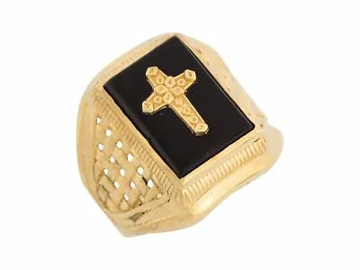 Pre-owned Jackani 10k Or 14k Yellow Gold Onyx Latin Cross Religious Mens Ring In Black