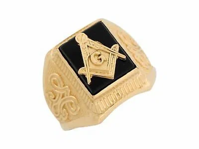 Pre-owned Jackani 10k Or 14k Yellow Gold Onyx Masonic Intricate Knot Design Band Mens Ring In Black