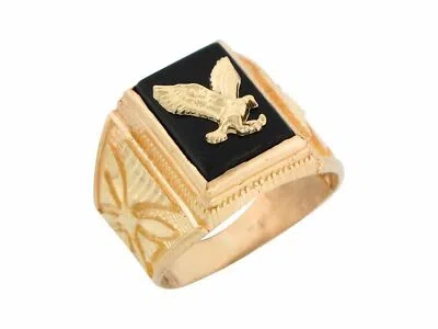 Pre-owned Jackani 10k Or 14k Yellow Gold Onyx Patriotic Eagle Mens Ring In Black