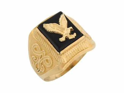 Pre-owned Jackani 10k Or 14k Yellow Gold Onyx Patriotic Flying Eagle Mens Ring In Black