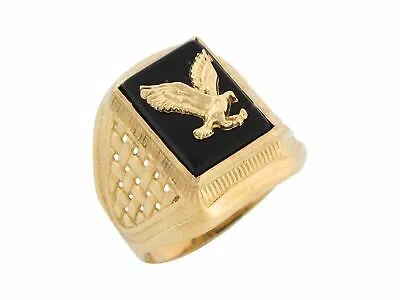 Pre-owned Jackani 10k Or 14k Yellow Gold Onyx Patriotic Flying Eagle Mens Ring In Black