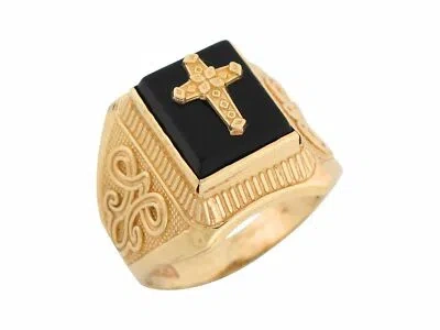 Pre-owned Jackani 10k Or 14k Yellow Gold Onyx Religious Latin Cross Mens Ring In Black