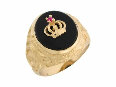 Pre-owned Jackani 10k Or 14k Yellow Gold Onyx Simulated Ruby Royal Crown Mens Ring In Black