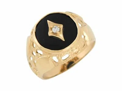 Pre-owned Jackani 10k Or 14k Yellow Gold Onyx White Cz Filigree Detailed Mens Fashion Ring
