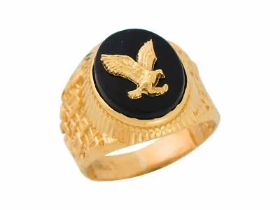 Pre-owned Jackani 10k Or 14k Yellow Gold Oval Black Onyx Mens Patriotic Eagle Wide Classy Ring