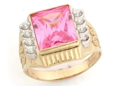 Pre-owned Jackani 10k Or 14k Yellow Gold Pink Cz Simulated October Birthstone Mens Ring