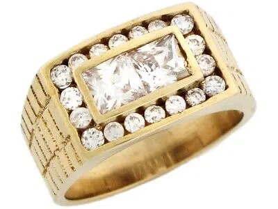 Pre-owned Jackani 10k Or 14k Yellow Gold Rectangle Mens Square And Round Cz Ring With Engraving In White