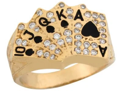 Pre-owned Jackani 10k Or 14k Yellow Gold Round Cut White Cz Enameled Royal Flush Unisex Ring