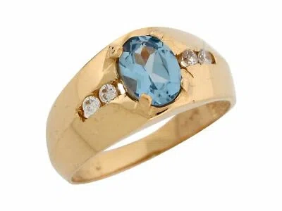 Pre-owned Jackani 10k Or 14k Yellow Gold Simulated Aquamarine White Cz Shining Wide Band Mens Ring