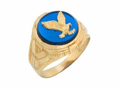 Pre-owned Jackani 10k Or 14k Yellow Gold Simulated Blue Sapphire Patriotic Soaring Eagle Mens Ring
