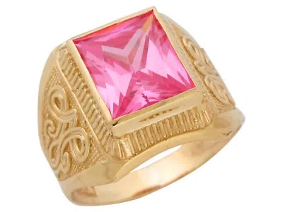 Pre-owned Jackani 10k Or 14k Yellow Gold Simulated Pink Tourmaline October Birthstone Mens Ring