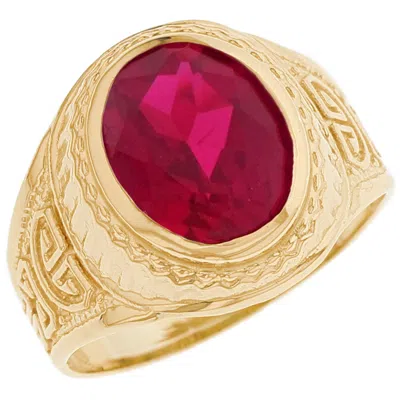 Pre-owned Jackani 10k Or 14k Yellow Gold Simulated Ruby Greek Design July Birthstone Mens Ring In Red
