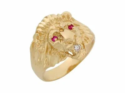 Pre-owned Jackani 10k Or 14k Yellow Gold Simulated Ruby White Cz Lion Head Mens Ring