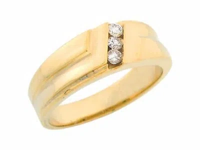Pre-owned Jackani 10k Or 14k Yellow Gold Three-stone White Cz Wide Band Mens Anniversary Ring