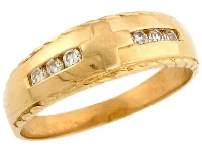 Pre-owned Jackani 10k Or 14k Yellow Gold Unique Men's Round Cz Cross Design Wedding Band Ring In White