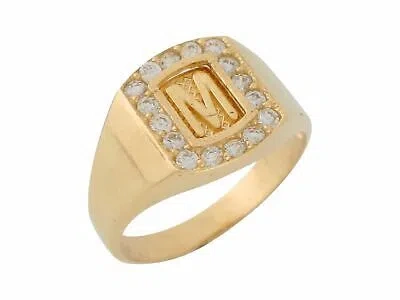 Pre-owned Jackani 10k Or 14k Yellow Gold White Cz Block Letter M Initial Mens Brilliant Ring