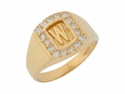 Pre-owned Jackani 10k Or 14k Yellow Gold White Cz Block Letter W Initial Mens Brilliant Ring