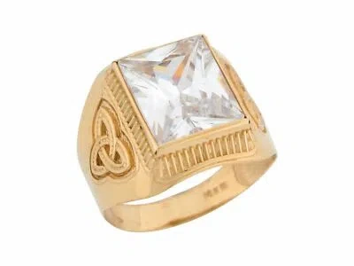Pre-owned Jackani 10k Or 14k Yellow Gold White Cz Celtic Trinity Knot Etched Bold Mens Ring