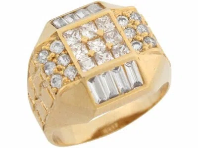 Pre-owned Jackani 10k Or 14k Yellow Gold White Cz Cluster Cross Handsome Design Mens Ring